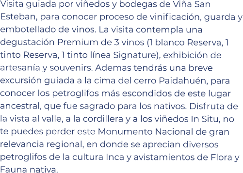 Visita guiada por viñedos y bodegas de Viña San Esteban, para conocer proceso de vinificación, guarda y embotellado de vinos. La visita contempla una degustación Premium de 3 vinos (1 blanco Reserva, 1 tinto Reserva, 1 tinto línea Signature), exhibición de artesanía y souvenirs. Ademas tendrás una breve excursión guiada a la cima del cerro Paidahuén, para conocer los petroglifos más escondidos de este lugar ancestral, que fue sagrado para los nativos. Disfruta de la vista al valle, a la cordillera y a los viñedos In Situ, no te puedes perder este Monumento Nacional de gran relevancia regional, en donde se aprecian diversos petroglifos de la cultura Inca y avistamientos de Flora y Fauna nativa.